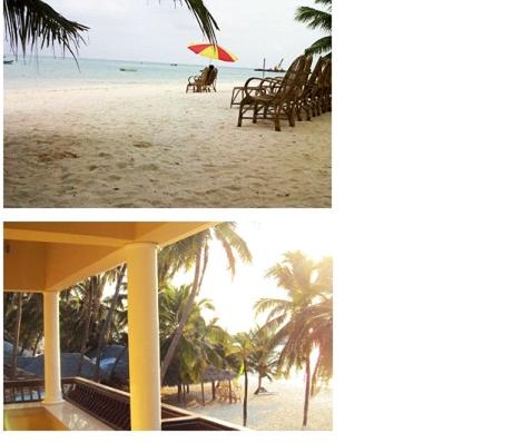 PARADISE HUT KAVARATTI في كوتشي: صورتين لشاطئ به كراسي ومظلة