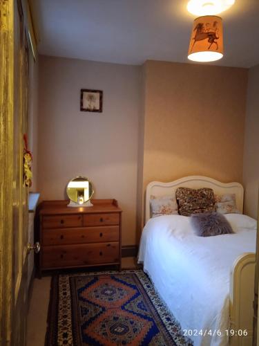 ein Schlafzimmer mit einem Bett und einer Holzkommode in der Unterkunft Captivating 2-Bed Hideaway Apartment in Gloucester in Gloucester