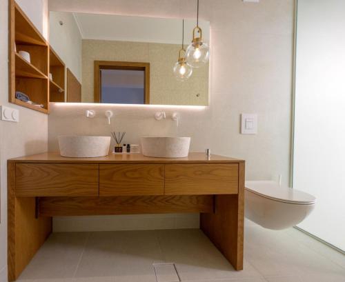 普洛馬里翁的住宿－Irini Design Apartments，一间带水槽、卫生间和镜子的浴室