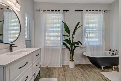 uma casa de banho com uma banheira e um vaso de plantas em Elegant 2 BR apt in the heart of historic SPR - 5 min drive to TIAA Bank Field em Jacksonville