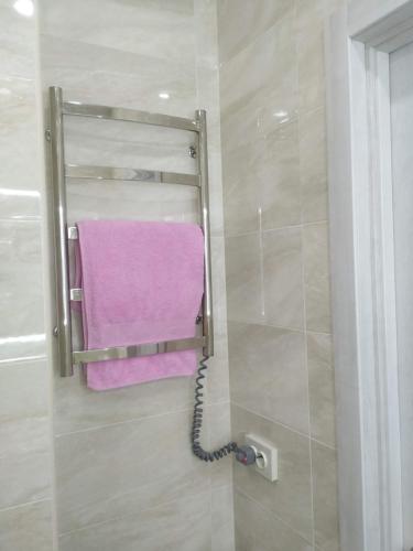 a shower with a pink towel hanging on a wall at Apartment Kiev Studio with city view in Kyiv