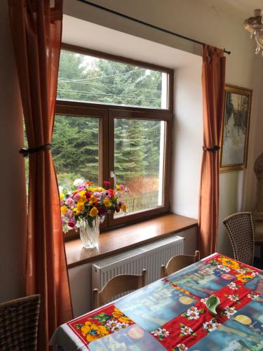 una mesa con un jarrón de flores y una ventana en Die Blauer Stern Weipert en Chomutov