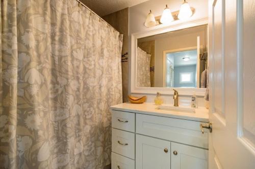 a bathroom with a sink and a shower curtain at TIDES BEACH PARADISE best served patch of beach in Jacksonville Beach