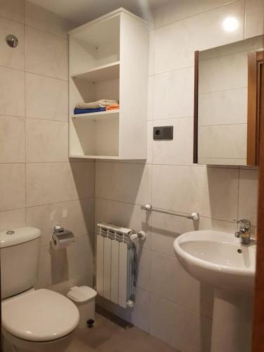 a small bathroom with a toilet and a sink at VibesMuxía -Casa Rural Corredoira in Muxia