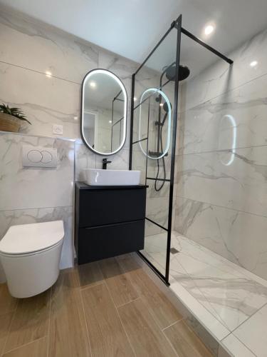 ein Badezimmer mit einem Waschbecken, einem WC und einem Spiegel in der Unterkunft La carolienne in Vallauris