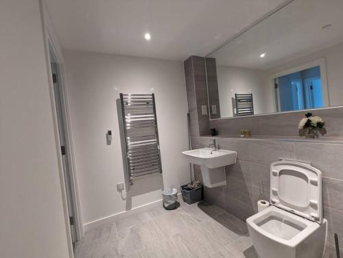 a bathroom with a toilet and a sink and a mirror at Lovely 1 Bed Apartment - Old Trafford in Manchester