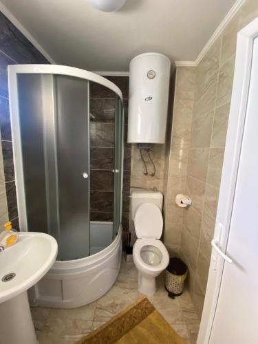 uma casa de banho com um chuveiro, um WC e um lavatório. em RISTESKI GUEST HOUSE em Ohrid