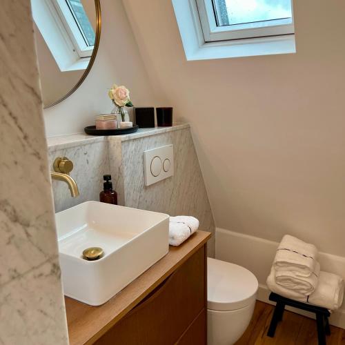 une salle de bain avec un lavabo, des toilettes et un miroir dans l'établissement Michel Ange Casa in Paris, à Paris