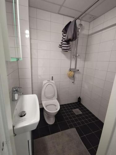 a small bathroom with a toilet and a sink at Fin lägenhet i närheten av stan och lasarettet in Motala