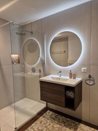 Jau-Dignac-et-LoiracにあるDomaine des Prés de Joussac - Protocole sanitaire strictのバスルーム(洗面台、鏡付)