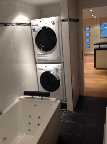 a washer and dryer hanging on a wall in a bathroom at GARDEN in Brienz