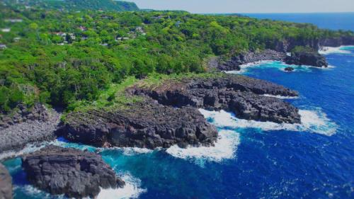 an aerial view of a rocky island in the ocean at KAMENOI HOTEL Izukogen in Ito