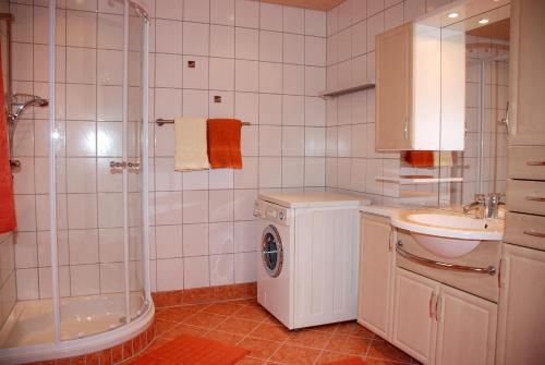 ein Badezimmer mit einer Dusche, einem Waschbecken und einer Waschmaschine in der Unterkunft Blaserhof in Hainzenberg