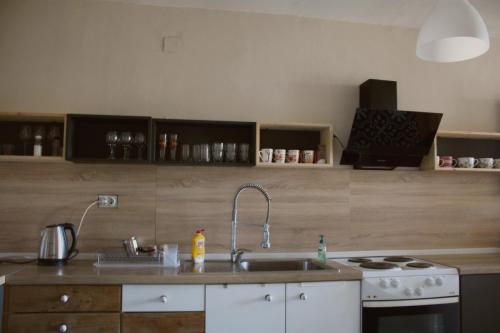 uma cozinha com um lavatório e um fogão em Sunny Center Apartment em Skopje