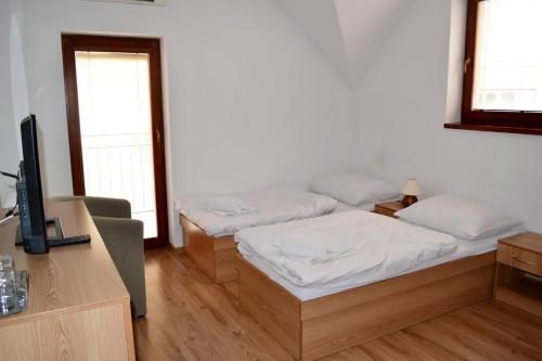 a room with two beds and a television in it at Penzion Carlos in Podlužany