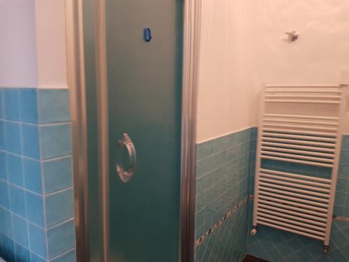 a shower in a bathroom with blue tile at Villino Bougainvillea in Voze