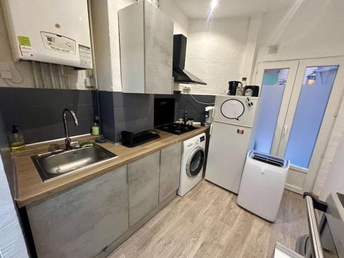 une cuisine avec un évier et une machine à laver dans l'établissement Charmant studio mezzanine au cœur de Nice, à Nice