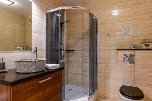 a bathroom with a shower and a sink at Apartament Stonehaven in Jastrzębia Góra