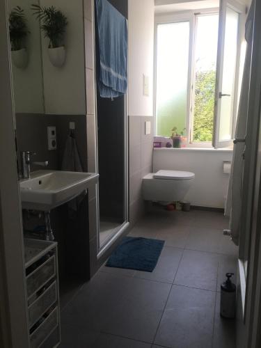 a bathroom with a sink and a shower and a toilet at Perfect spacious Vacation center of city in Berlin