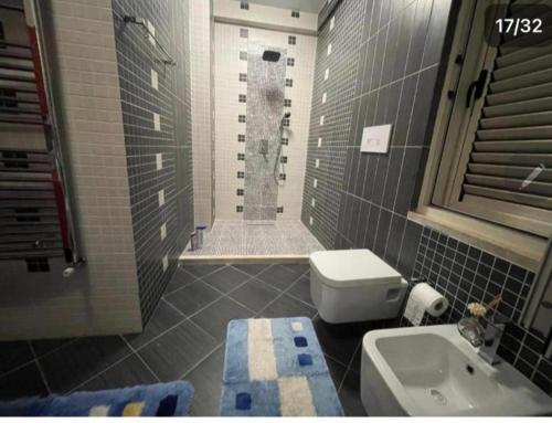 a bathroom with a shower and a toilet and a sink at ALBJONA GUESTHOUSE TIRANA in Tirana