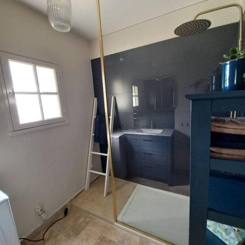 - une salle de bains rénovée avec lavabo et miroir dans l'établissement Maison en lisière de forêt, à Panzoult