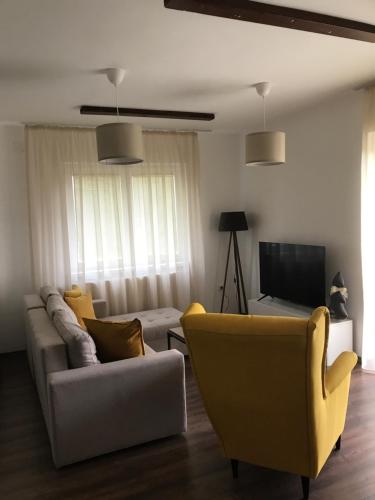 sala de estar con sofá y TV en Hestia Apartments, en Berovo