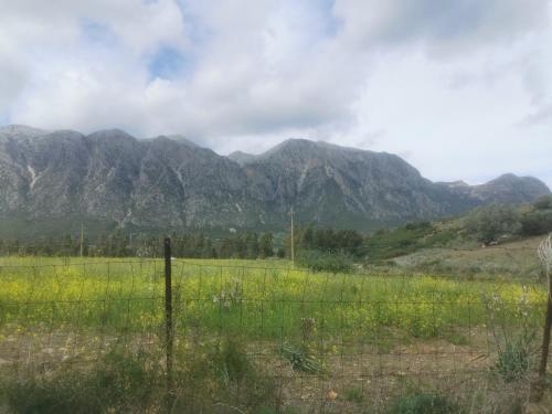 a fence in a field with mountains in the background at località Zarvenu (Murtas Artas) in Siniscola