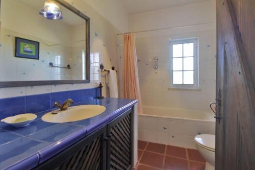 Un baño con lavabo, inodoro y espejo. en Tarola Place, a unique country house!, en São Cristóvão