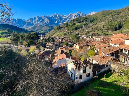 a village in the mountains with mountains in the background at Hotel Cosgaya in Cosgaya