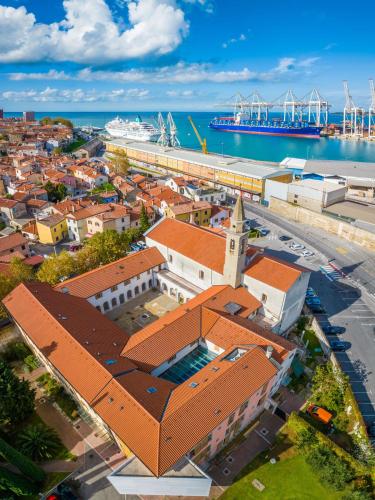 an overhead view of a city with a harbor at Hostel Sveta Ana in Koper