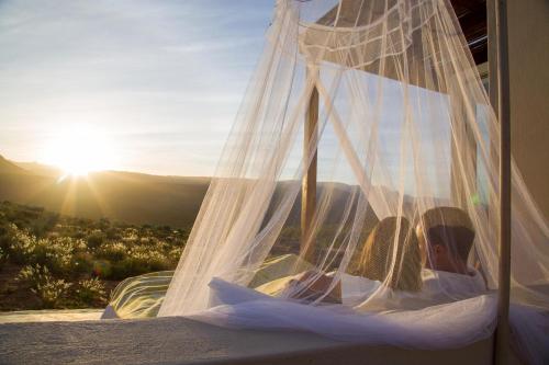 a person sitting in a bed with a net at Simbavati Cederberg Ridge in Clanwilliam