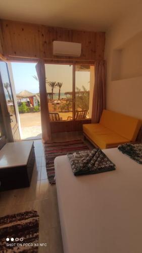a bedroom with two beds and a view of the desert at Panorama Lodge Nuweiba in Nuweiba