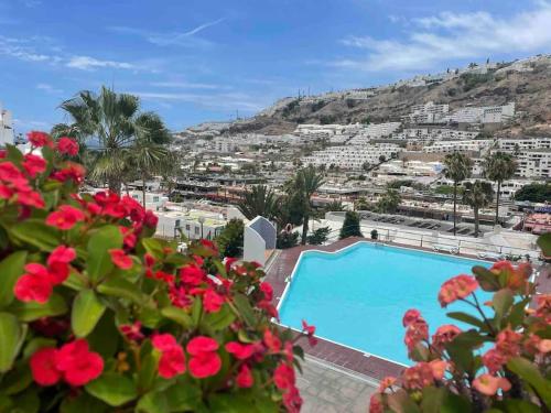 uma vista para um resort com uma piscina e flores em Schöner Bungalow mit Terrasse und Pool em Las Palmas de Gran Canaria
