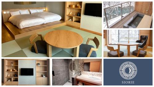 a collage of pictures of a room with a bed and a table at Keiryuso Siorie in Matsumoto