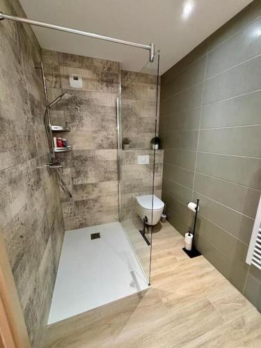 une salle de bain avec une douche en verre et des toilettes dans l'établissement Superbe appartement neuf 4pers, à LʼÎle-Rousse