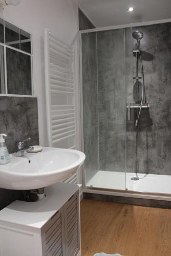 La salle de bains est pourvue d'un lavabo blanc et d'une douche. dans l'établissement le gîte de Marinette, à Villers-Robert