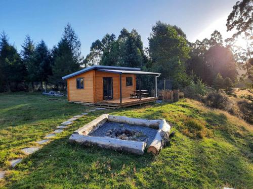una casita en medio de un campo en Cosy Country Cottage - Outdoor Pizza Oven - Rural Setting on 4 Acres, en Raetihi