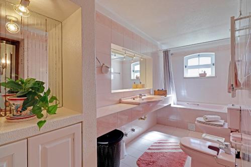 un bagno rosa con lavandino e servizi igienici di Casal Dos Machados a Boliqueime