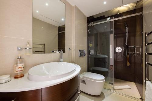 uma casa de banho com um lavatório, um WC e um chuveiro em Light-filled Chelsea Duplex em Londres