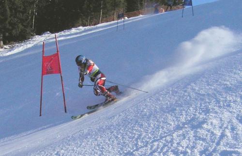 a person is skiing down a snow covered slope at Aparthouse Jana Breg in Žirovnica