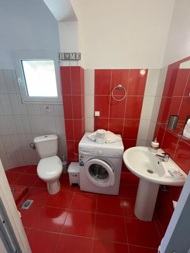 a bathroom with a toilet sink and a washing machine at Elenas Apartments in Plataria