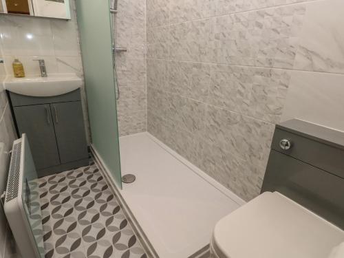 a bathroom with a shower with a toilet and a sink at The Laurels Flat in Cardiff