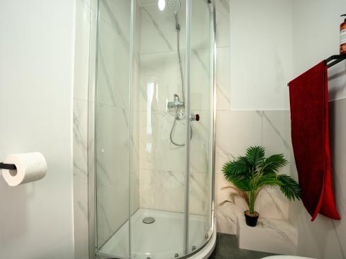 una doccia con porta in vetro in bagno di SR24 - Wohnung 4 in Herten a Herten