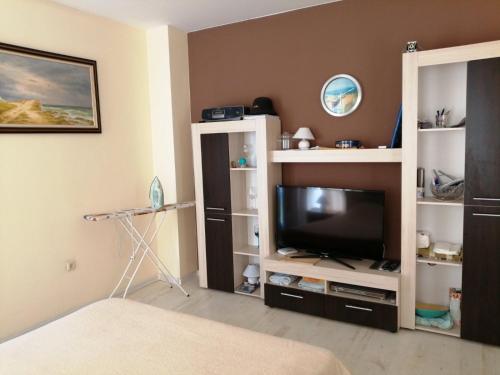 a living room with a television and shelves at Guest House SNG in Nesebar