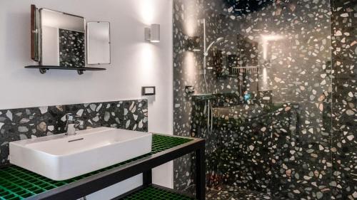 La salle de bains est pourvue d'un lavabo et d'une douche. dans l'établissement Vila Vrba, à Žirovnica