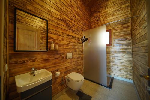 baño con paredes de madera, aseo y lavamanos en Bioland VILLA's, en Novoberdo