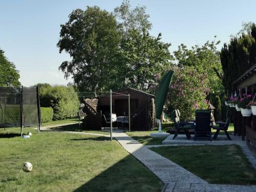 a yard with a fence and a soccer ball on the grass at Ferienwohnung Ferienhaus Moorblick in Ihlow