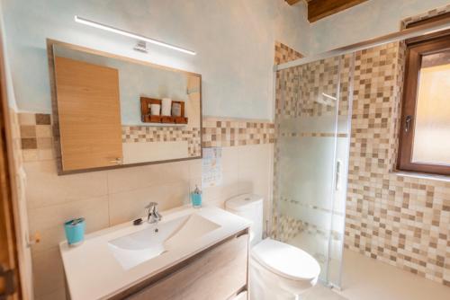 a bathroom with a sink and a toilet and a shower at Casa Entre Hoces810paxJardín y barbacoa in Fuentemizarra