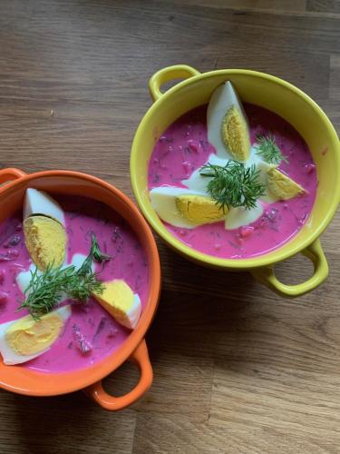two bowls of pink soup with pickles and dill at Siedlisko Karczówka in Wieleń