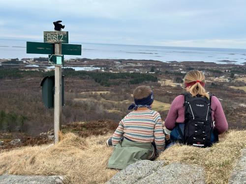 two children sitting on a hill looking at a bird at Rorbu i Bud Havn in Bud